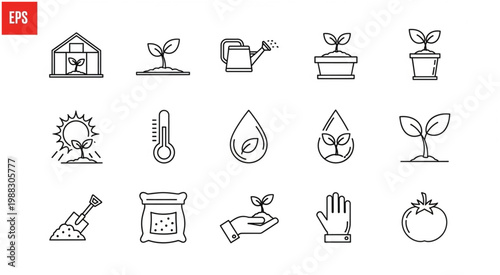 Collection of gardening and farming related line art icons and symbols.