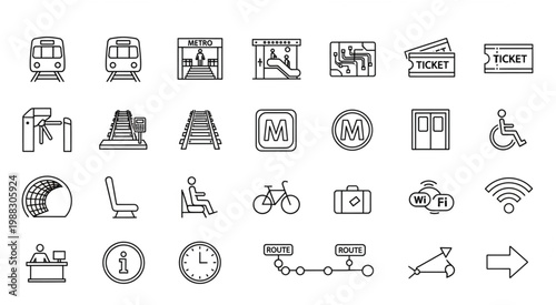 Collection of Subway and Transportation Icons for Public Transit and Travel.
