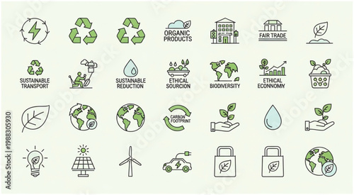 Collection of environmental and ecological icons representing sustainability and green living.