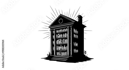 Minimalist classical library building illustration with shelves of books and sunburst