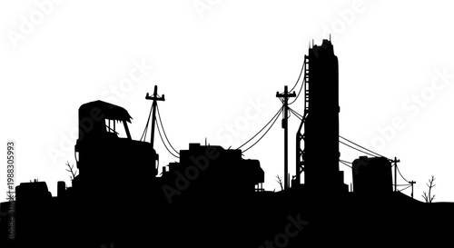 Post-Apocalyptic Industrial City Silhouette in Desolate Wasteland