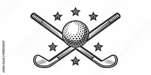 Vintage style illustration of a golf ball with crossed clubs and stars