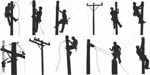 Silhouettes of linemen working on utility poles against a white background