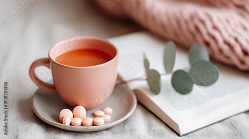 Warm tea in pink cup with macarons on open book and cozy blanket  