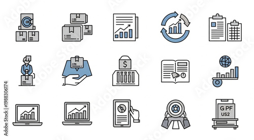 Business and finance icons representing data analysis and market trends for commerce.