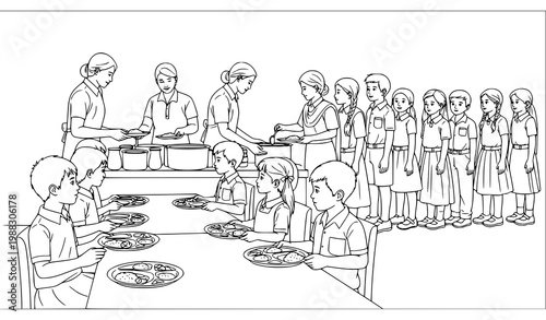 School mid day meal vector line art children lunch