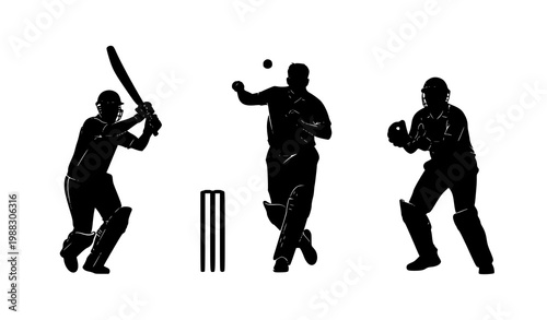 Cricket action silhouettes vector sport design