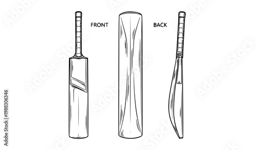 Cricket bat line art vector set front side back view