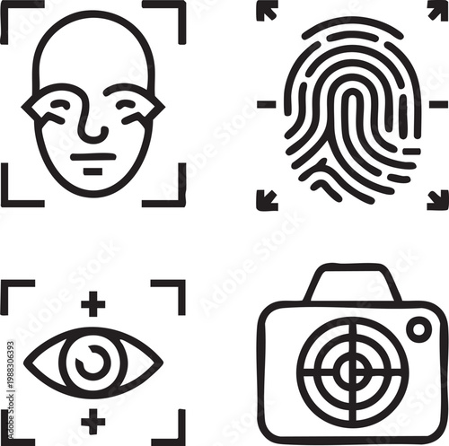 Biometric identification icons featuring facial recognition, fingerprint scan, eye scan, and camera for secure authentication and verification processes in vector graphic design