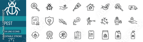 Pest control and bug protection web line icons set featuring search insect magnified beetle parasite on hand poison gel house protection leaf infestation and more Vector Illustration 