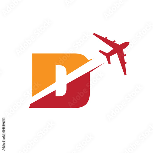 This is a logo design of a letter D with an airplane flying through it cut the letter into two parts. The logo looks nice in red and orange color combination and on a white background.