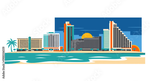 Modern Beachfront City Skyline Vector Illustration Featuring Coastal Hotels and Resort Architecture in a Vibrant Flat Design Style for Travel and Tourism Concepts
