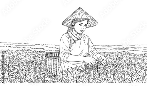 Tea garden worker picking leaves vector line art illustration