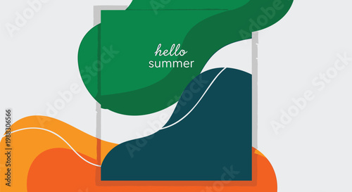 Summer greeting graphic, hello summer, abstract shapes, colorful illustration, seasonal design element