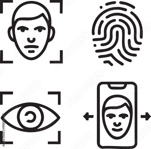Vector graphic illustration of biometric authentication methods including facial recognition, fingerprint scanning, and eye scan for secure identification and access
