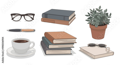 Illustration of reading essentials: books, eyeglasses, coffee, pen, and a potted plant.