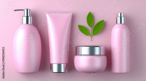 Skincare products in pink containers with green leaves on background  
