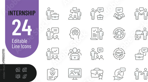 A collection of 24 editable line icons for internship and business concepts, ideal for marketing, education, and corporate use.