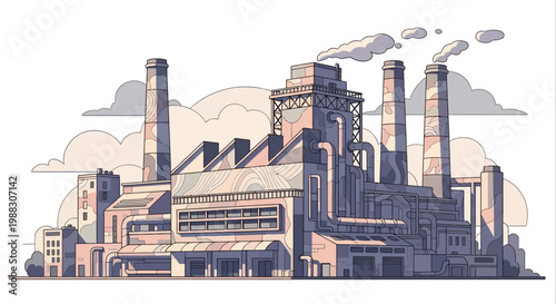 Industrial factory illustration depicting pollution from smoke stacks and environment concerns
