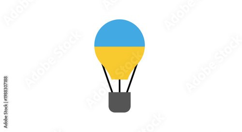 A stylized hot air balloon rendered in the colors of the Ukrainian flag against a white background