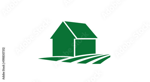 A symbolic depiction of a green house nestled beside rolling cultivated land in an emblem style