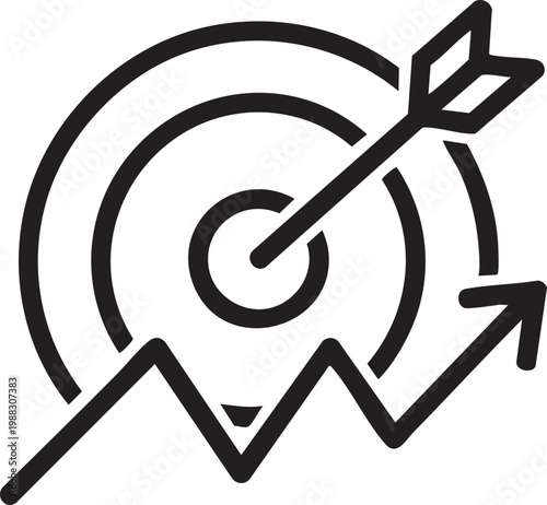 Black vector graphic illustration of a target with an arrow hitting the center and an arrow moving up and to the right.