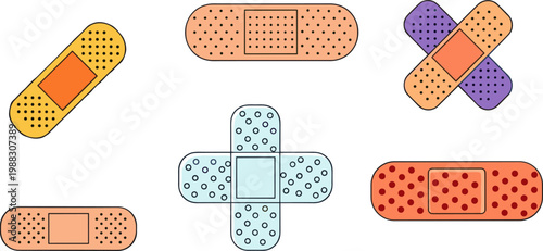 Band-Aid and Medical Patch Set with Various Bandage Shapes and Colors in Flat Vector Style