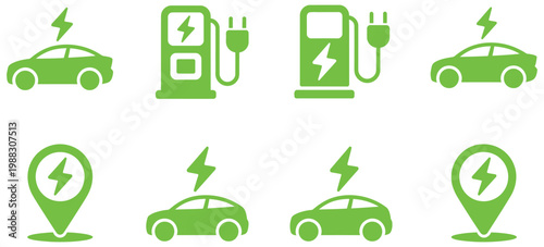 ev charging icon collection, electric vehicle station plug socket symbols, hybrid battery power set, green transportation mobility concept, sustainable energy vector illustration, modern clean design 