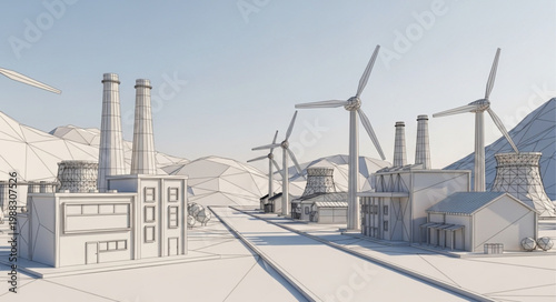 Industrial landscape with wind turbines and power plant.
