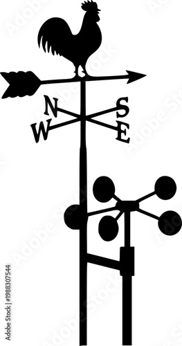 Black silhouette of a weather vane or anemometer on a isolated on white background
