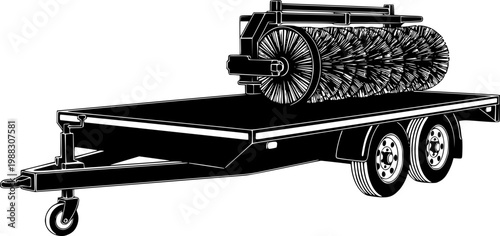 Black silhouette of a flatbed trailer with wheels and brush attachment isolated on white background
