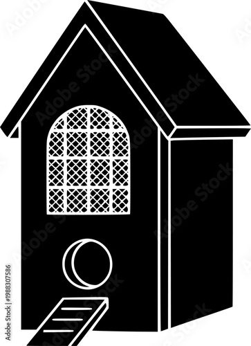 Black and white minimalist birdhouse icon with mesh window and ramp, flat vector design isolated on white background
