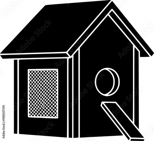 Black and white minimalist birdhouse icon with mesh window and ramp, flat vector design isolated on white background
