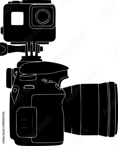 Black silhouette of GoPro camera connected to DSLR camera isolated on white background
