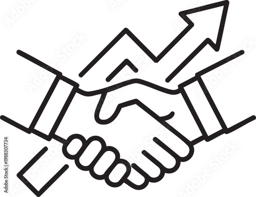 Vector graphic illustration of handshake with arrow pointing up symbolizing business partnership success and growth