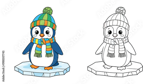 Cute Cartoon Penguin Wearing a Striped Winter Hat and Scarf Standing on an Ice Floe Illustration with a Black and White Outline Coloring Page Version for Kids Education and Activities