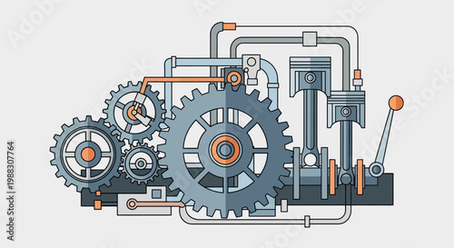 Intricate Vector Illustration of Mechanical Cogwheel System and Internal Combustion Engine Design