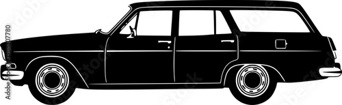 Black silhouette of a vintage station wagon isolated on white background
