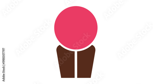 Minimalist graphic of a cupcake with pink frosting and brown wrapper against a white background
