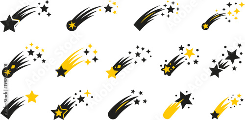 Collection of Meteor Shower and Shooting Stars Icons on White Background