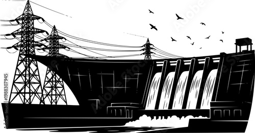 Hydroelectric Dam Silhouette with Power Lines and Birds Flying Overhead isolated on white background
