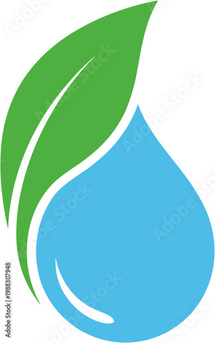 A vivid green leaf gracefully curves over a luminous blue water droplet, symbolizing the purity and vitality of nature