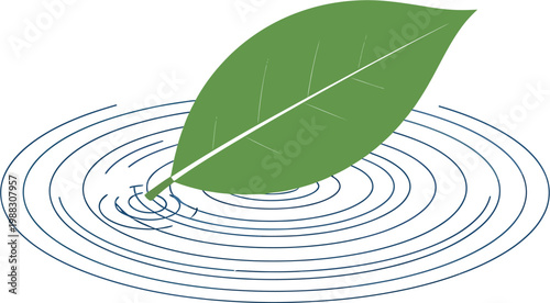 Abstract illustration of a green leaf floating on rippling water, symbolizing nature, peace, and environmental harmony