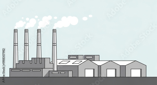 Industrial Factory with Smokestacks Emitting Smoke.