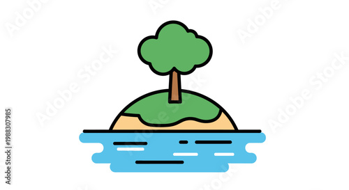 Minimalist illustration of a solitary island with a tree emerging from the water