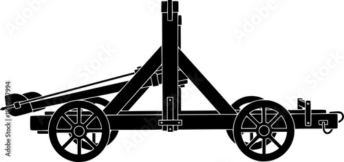 Black silhouette of a medieval catapult on wheels against a isolated on white background
