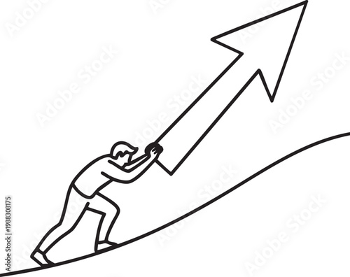 Man pushing a large arrow up a hill, symbolizing effort and progress in business and growth