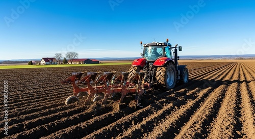 Modern tractor plowing vast agricultural field under clear blue sky.
