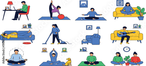Daily life and wellness vector set featuring people working from home meditating practicing yoga cleaning and relaxing in a flat minimalist style