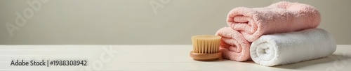 Fluffy bath towels, wooden brush, sleek surface, material, rustic, luxury